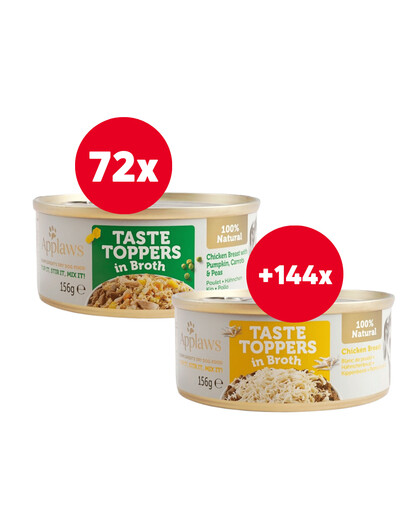 APPLAWS Taste Toppers Hühnerbrust, Kürbis, Erbsen in Brühe 72 x 156 g + Hühnerbrust in Brühe 144 x 156 g GRATIS