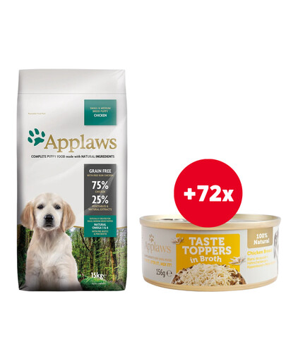 APPLAWS Puppy Small & Medium Breed Huhn Trockenfutter für Welpen 15 kg + Hühnerbrust in Brühe 72 x 156 g GRATIS