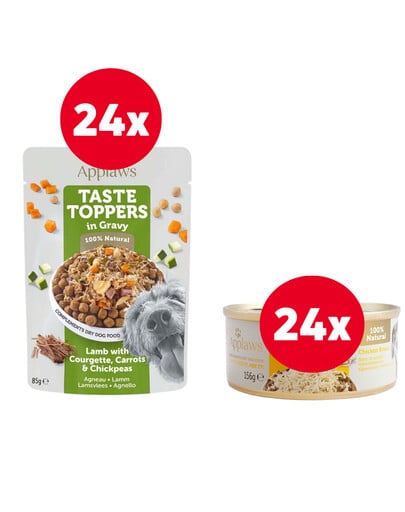 APPLAWS Taste Toppers Lamm, Karotte, Kichererbse in Gelee 24 x 85 g + Hühnerbrust in Brühe 24 x 156 g GRATIS