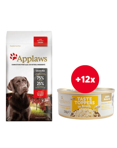 Applaws Dog Dry 2 kg Adult Huhn Große Rassen + Hühnerbrust in Brühe 12 x 156 g GRATIS