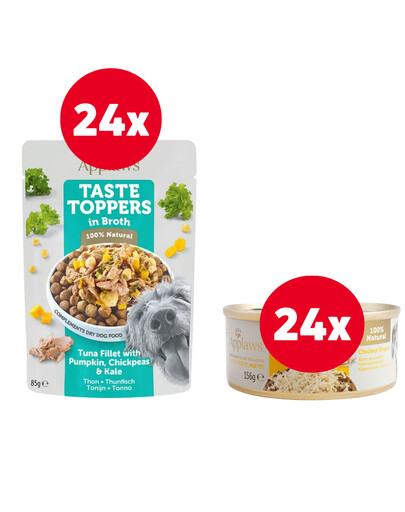 APPLAWS Taste Toppers Thunfischfilet, Kürbis, Grünkohl in Brühe 24 x 85 g + Hühnerbrust in Brühe 24 x 156 g GRATIS