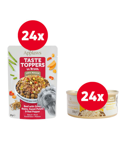 APPLAWS Taste Toppers Rindfleisch, grüne Bohnen, Paprika in Brühe 24 x 85 g + Hühnerbrust in Brühe 24 x 156 g GRATIS