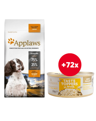 APPLAWS Adult Kleine & Mittlere Rassen Hundefutter mit Huhn 15 kg + Hühnerbrust in Brühe 72 x 156 g GRATIS