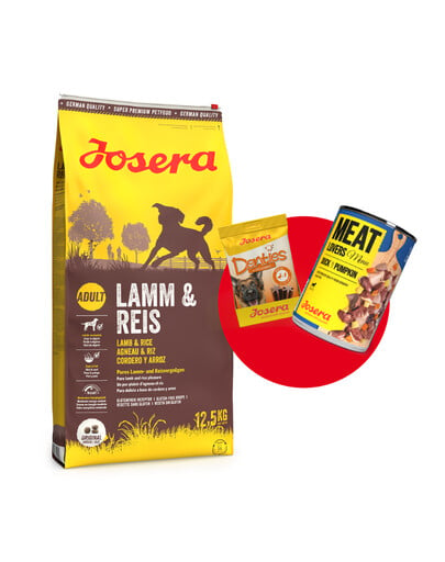 JOSERA Lamm Reis 12,5kg dla dorosłych psów z jagnięciną + 1x Denties  Meat Lovers GRATIS