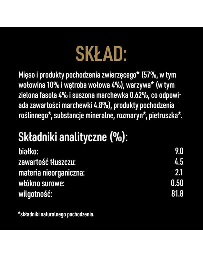 puszka 400g - mokra karma pełnoporcjowa dla dorosłych psów bogata w wołowinę, przybrana marchewką, fasolką i ziołami