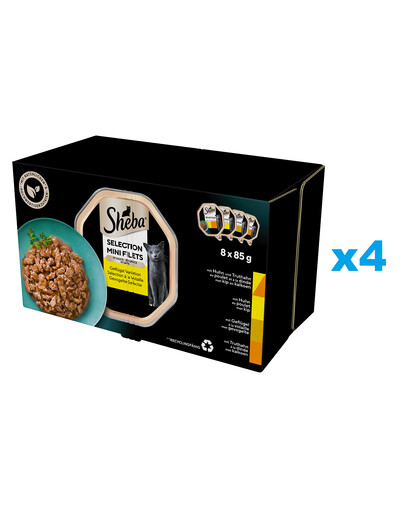 SHEBA Selection Drobiowe Smaki tacki 32x85 g mokra karma pełnoporcjowa dla dorosłych kotów w sosie kawałki z kurczakiem i indykiem, kurczakiem, drobiem, indykiem