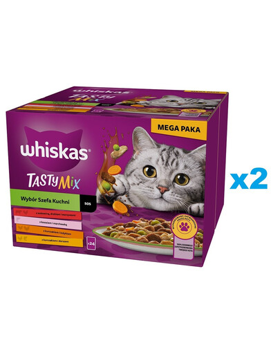 WHISKAS Adult Tasty Mix Wybór Szefa Kuchni w sosie 48x85 g kawałki z wołowiną, łososiem, kurczakiem i indykiem, kurczakiem i dorszem dla dorosłych kotów
