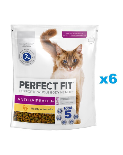 PERFECT FIT Antihairball 1+ 6x750 g sucha karma pełnoporcjowa dla dorosłych kotów bogata w kurczaka