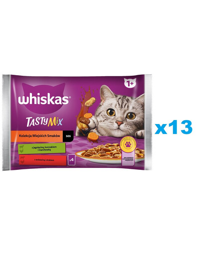 WHISKAS Adult saszetka 52x85g Kolekcja Wiejskich Smaków mokra karma dla kotów w sosie kawałki z jagnięciną, kurczakiem i marchewką, wołowiną i drobiem