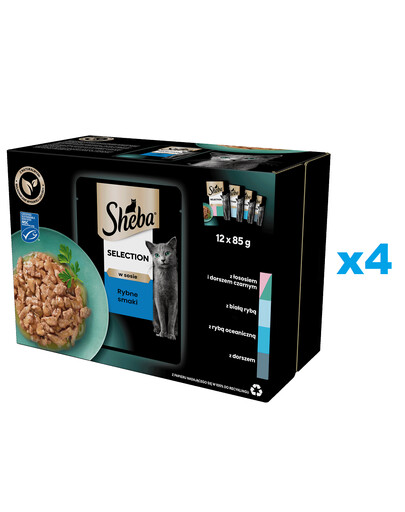 SHEBA Selection Rybne Smaki saszetki 48x85 g mokra karma pełnoporcjowa dla dorosłych kotów w sosie kawałki z łososiem i dorszem czarnym, białą rybą, rybą oceaniczną, dorszem