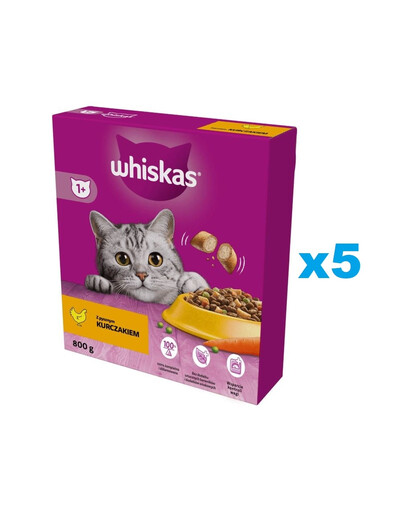WHISKAS Adult 5x800 g sucha karma pełnoporcjowa z pysznym kurczakiem dla dorosłych kotów