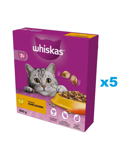 WHISKAS Senior 5x800g sucha karma z pysznym kurczakiem dla starszych kotów
