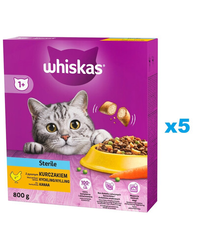 WHISKAS Sterile 5x800g sucha karma z kurczakiem dla kotów sterylizowanych