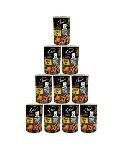 CESAR puszka 12x400g - mokra karma pełnoporcjowa dla dorosłych psów bogata w kurczaka, przybrana batatem, groszkiem i żurawiną