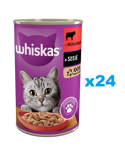 WHISKAS Adult  24x400 g mokra karma pełnoporcjowa dla dorosłych kotów z wołowiną w sosie