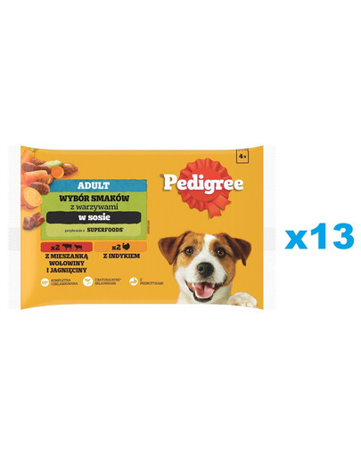 PEDIGREE Adult Wybór Smaków z warzywami saszetki 52x100 g mokra karma pełnoporcjowa dla dorosłych psów, z mieszanką wołowiny i jagnięciny, z indykiem, w sosie