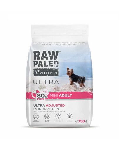 RAW PALEO Ultra Pork Mini Adult Trockenfutter mit Schweinefleisch für adulte kleine Hunde 750g