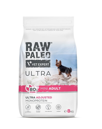 RAW PALEO Ultra Pork Mini Adult Trockenfutter mit Schweinefleisch für adulte kleine Hunde 8 kg