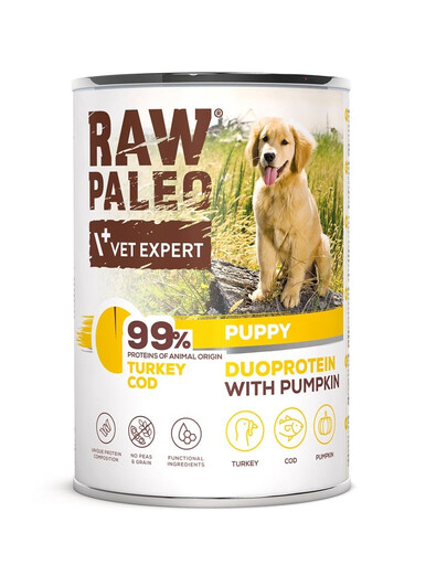 RAW PALEO Nassfutter mit Pute und Kabeljau für Welpen 400g