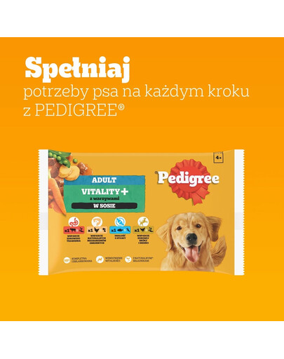 PEDIGREE Adult Vitality+ z warzywami saszetki 4x85 g mokra karma pełnoporcjowa dla dorosłych psów z wołowiną i wątróbką, marchewką i groszkiem, z kurczakiem i ziemniakami, z rybą i marchewką, z drobiem, marchewką i groszkiem w sosie