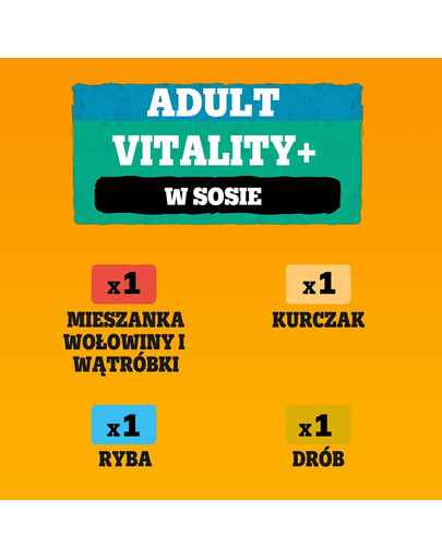 PEDIGREE Adult Vitality+ z warzywami saszetki 4x85 g mokra karma pełnoporcjowa dla dorosłych psów z wołowiną i wątróbką, marchewką i groszkiem, z kurczakiem i ziemniakami, z rybą i marchewką, z drobiem, marchewką i groszkiem w sosie