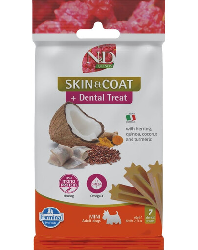 N&D Quinoa Dental Treat Skin Coat Herring Mini 60 g (7 szt) przysmak dentystyczny dla psów ras małych