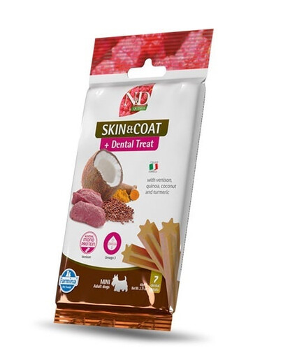 N&D Quinoa Dental Treat Skin Coat Venison Mini 60 g (7 szt) przysmak dentystyczny dla psów ras małych