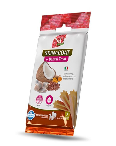 N&D Quinoa Dental Treat Skin Coat Herring Medium/Maxi 100 g (7 szt) przysmak dentystyczny dla średnich i dużych psów