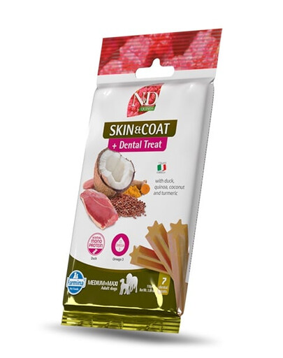N&D Quinoa Dental Treat Skin Coat Duck Medium/Maxi 100 g (7 szt) przysmak dentystyczny dla średnich i dużych psów