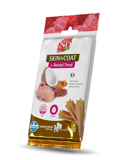 N&D Quinoa Dental Treat Skin Coat Quail Medium/Maxi 100 g (7 szt) przysmak dentystyczny dla średnich i dużych psów