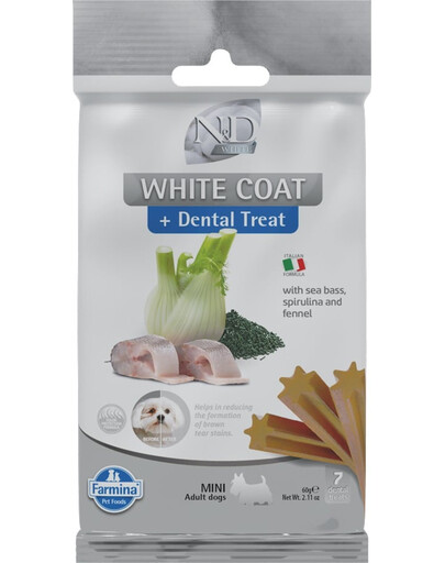 N&D White Dental Treat Coat Sea bass Mini 60 g (7 szt) przysmak dentystyczny dla psów ras małych