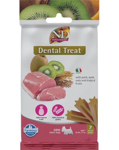 N&D Tropical Selection Dental Treat Pork Mini 60 g (7 szt) przysmak dentystyczny dla psów ras małych
