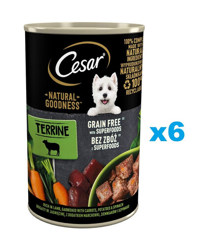 CESAR Natural Goodness w terynie 6x400 g bogata w jagnięcinę z dodatkiem marchewki, ziemniaków i szpinaku