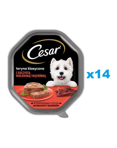 CESAR tacka 14x150 g mokra karma pełnoporcjowa dla dorosłych psów teryna z soczystą wołowiną i wątróbką
