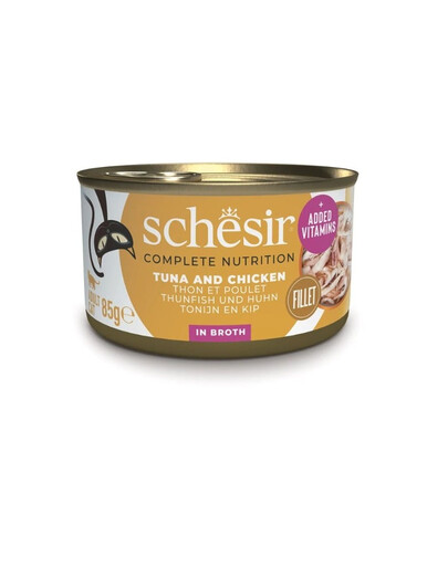 SCHESIR Tuńczyk z kurczakiem i ryżem w bulionie dla kotów 85 g