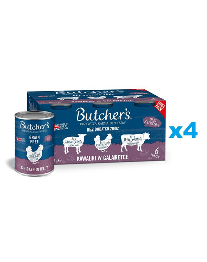 BUTCHER'S Original Recipe in jelly Mix Geschmacks mit Leber oder Nieren Stücke in Gelee mit Rind-, Lamm- und Hühnerfleisch für Hunde 24 x 400 g