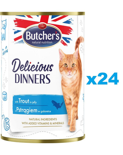 BUTCHER'S Delicious Dinners, karma dla kota, kawałki z pstrągiem w galaretce 24 x 400g