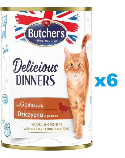BUTCHER'S Delicious Dinners, karma dla kota, kawałki z dziczyzną w galaretce 6 x 400g