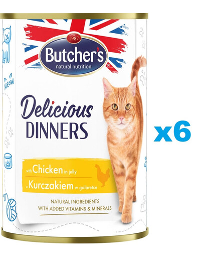 BUTCHER'S Delicious Dinners, karma dla kota, kawałki z kurczakiem w galaretce, 400g x 6