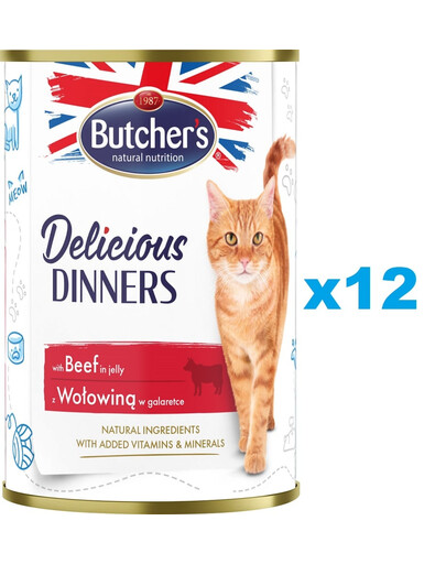 BUTCHER'S Delicious Dinners, karma dla kota, kawałki z wołowiną w galaretce 12 x 400g