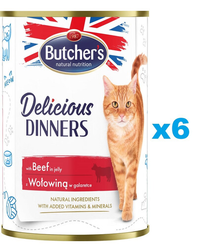 BUTCHER'S Delicious Dinners, karma dla kota, kawałki z wołowiną w galaretce 6 x 400g