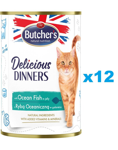 BUTCHER'S Delicious Dinners, karma dla kota, kawałki z rybą morską w galaretce 12 x 400g