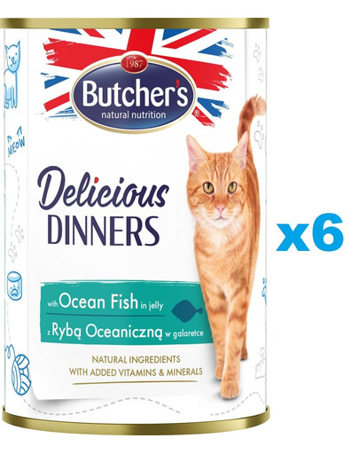 BUTCHER'S Delicious Dinners, karma dla kota, kawałki z rybą morską w galaretce, 400g x 6