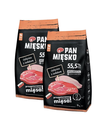PAN MIĘSKO Trockenfutter mit Kalb und Pute für adulte Hunde M hypoallergen 2x9 kg