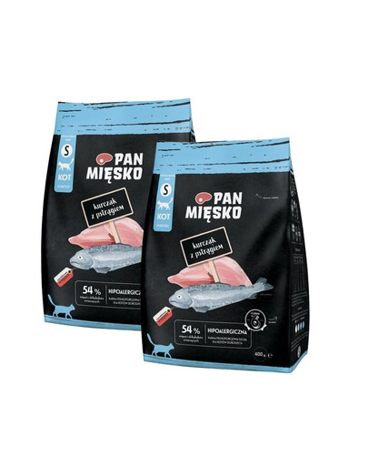 PAN MIĘSKO Trockenfutter mit Hähnchen und Forelle für adulte Katzen S 2x400 g