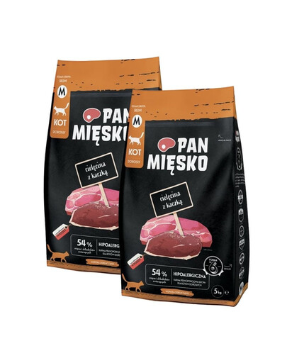 PAN MIĘSKO Trockenfutter mit Kalb und Ente für adulte Katzen M hypoallergen 2x5 kg