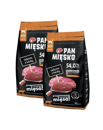 PAN MIĘSKO Trockenfutter mit Kalb und Ente für adulte Katzen M hypoallergen 2x10 kg