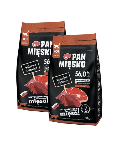 PAN MIĘSKO Trockenfutter Rind mit Hirsch für adulte Katzen M hypoallergen 2x10 kg