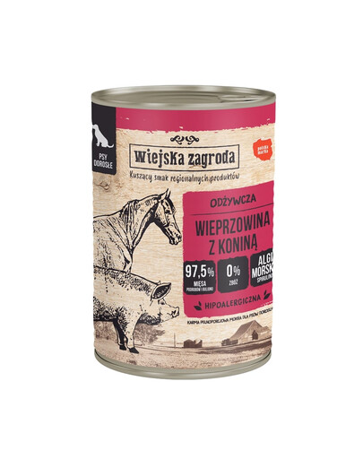 WIEJSKA ZAGRODA Nassfutter Schweinefleisch mit Pferdefleisch für adulte Hunde getreidefrei 400 g