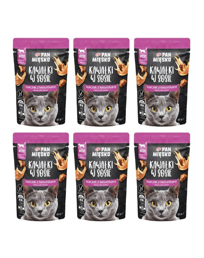 PAN MIĘSKO Nassfutter Huhn mit Garnelen Stücke in Soße für adulte Katzen getreidefrei 6x85 g